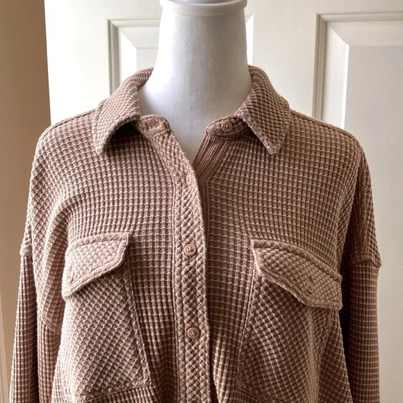 Aerie Women’s Textured Waffle Shirt Long Sleeve Brown & Cream Size Oversized XXS - Picture 5 of 16